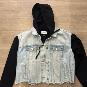 Current and Elliot jean jacket with sweatshirt hood and sleeves